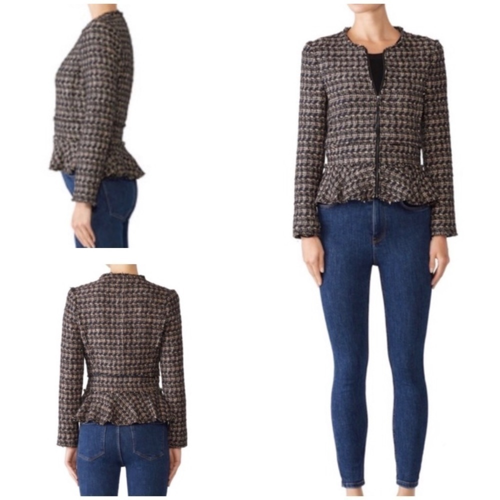 Rebecca Taylor Collarless Raw Hems Boulce Tweed Peplum Full Zip Up Jacket 8‌